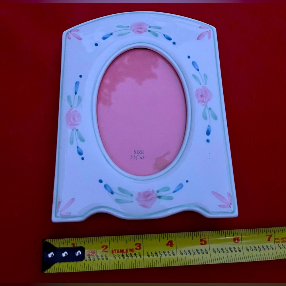 Vintage 3.5 x 5 White Ceramic Frame with Pink Roses--3.5x5 Oval Photo Frame